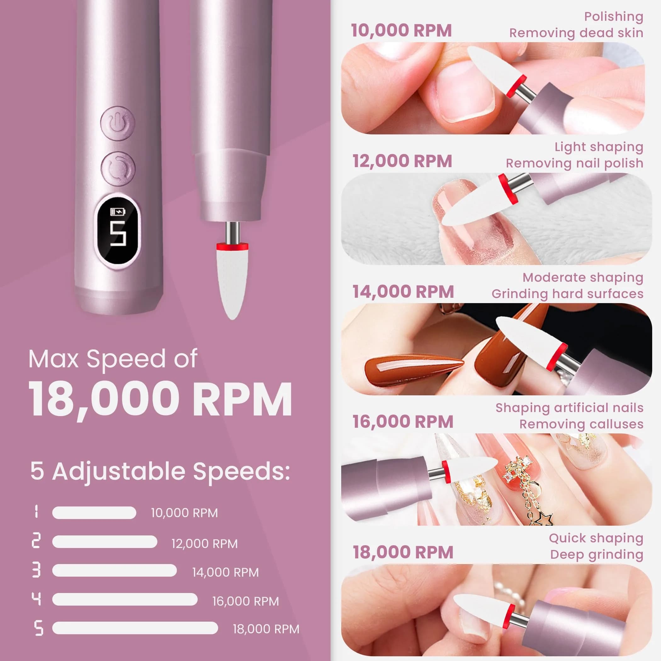 KIARYUOLL Cordless Electric Nail Drill Kit Purple | 5 Speeds Rechargeable DIY Professional - view 3