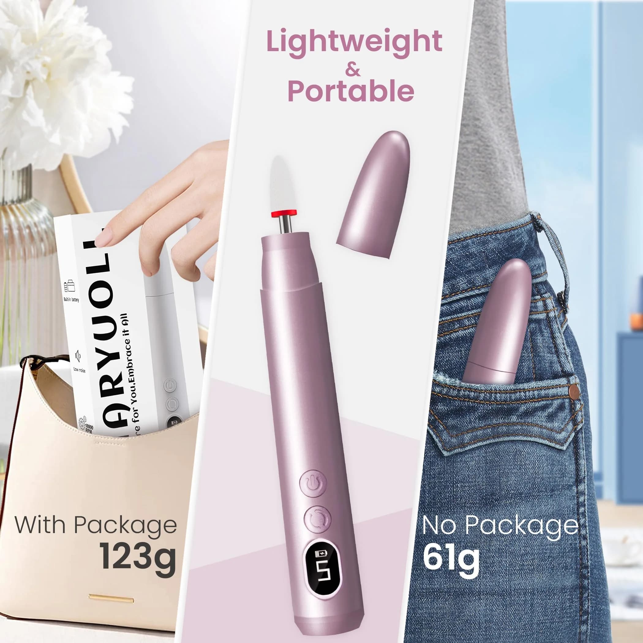 KIARYUOLL Cordless Electric Nail Drill Kit Purple | 5 Speeds Rechargeable DIY Professional - view 5