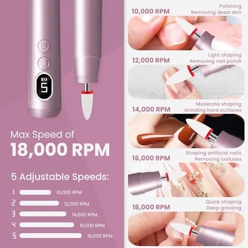 KIARYUOLL Cordless Electric Nail Drill Kit Purple | 5 Speeds 10,000-18,000 RPM, 4-Hour Battery Life, LED Light thumbnail 3