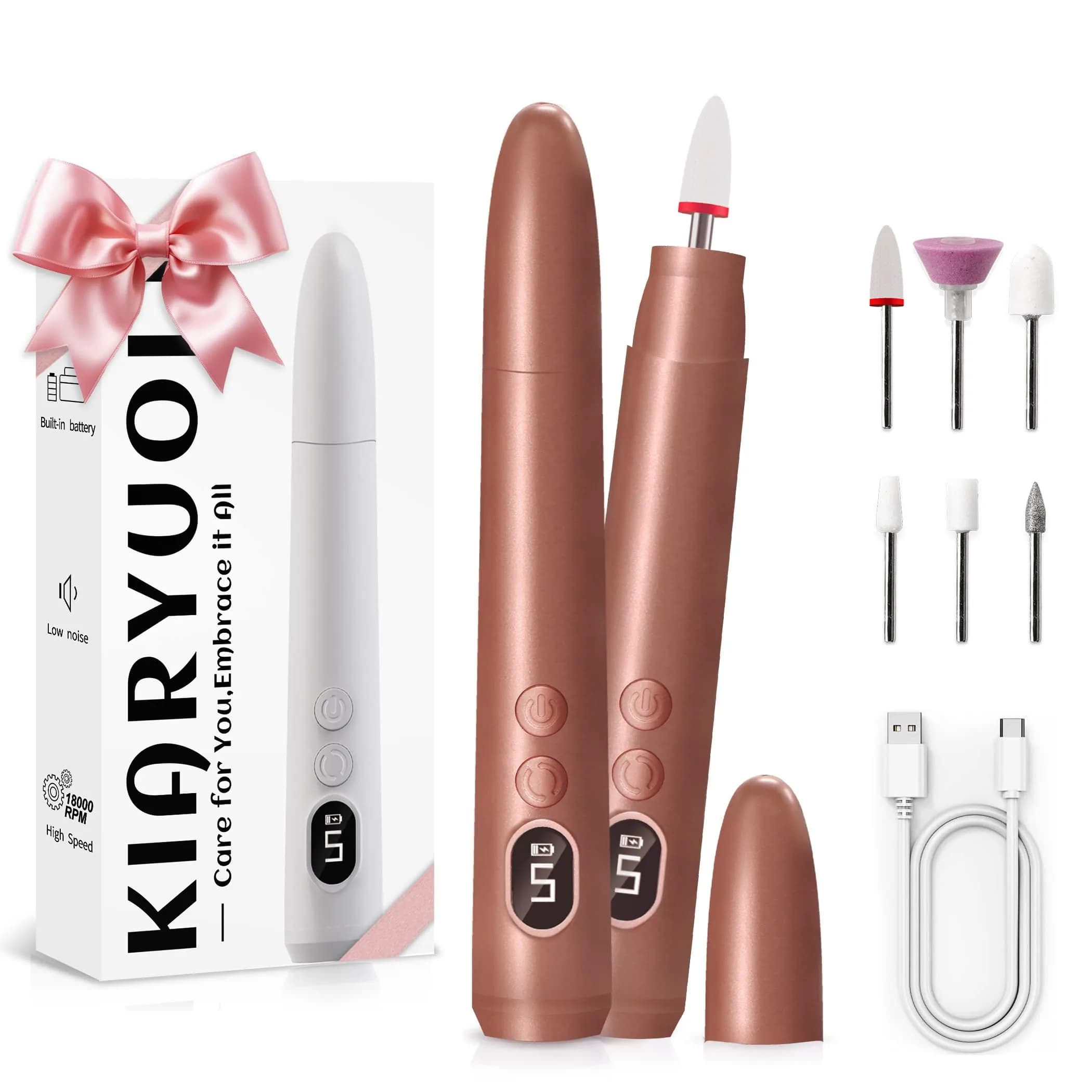 KIARYUOLL Cordless Electric Nail Drill Kit Gold | Professional Rechargeable Nail File with 5 Speeds & LED - main product image