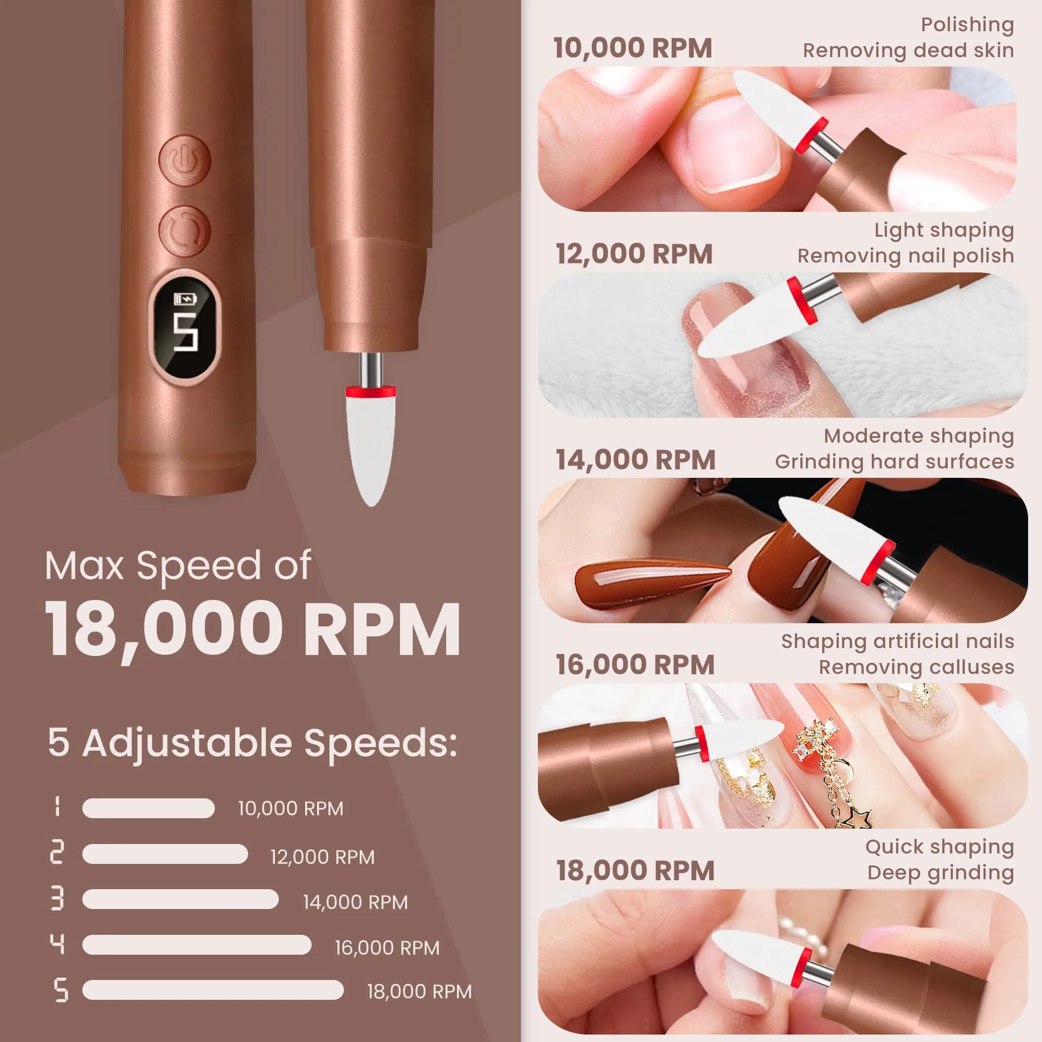 KIARYUOLL Cordless Electric Nail Drill Kit Gold | Professional Rechargeable Nail File with 5 Speeds & LED - view 3