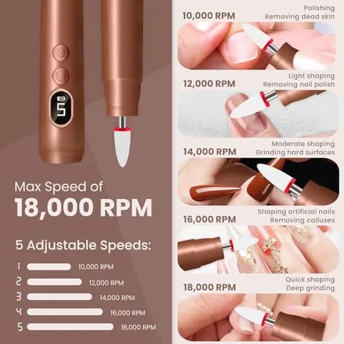 KIARYUOLL Cordless Rechargeable Nail Drill Kit, 5 Speed LED Gold | 18000 RPM Max Speed thumbnail 3