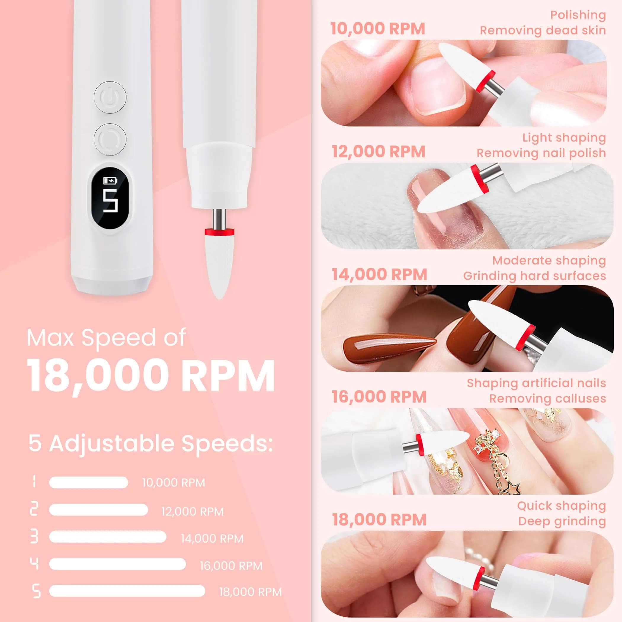 KIARYUOLL Cordless Electric Nail Drill Kit White | Professional Rechargeable Nail File with 5 Speeds & LED - view 3