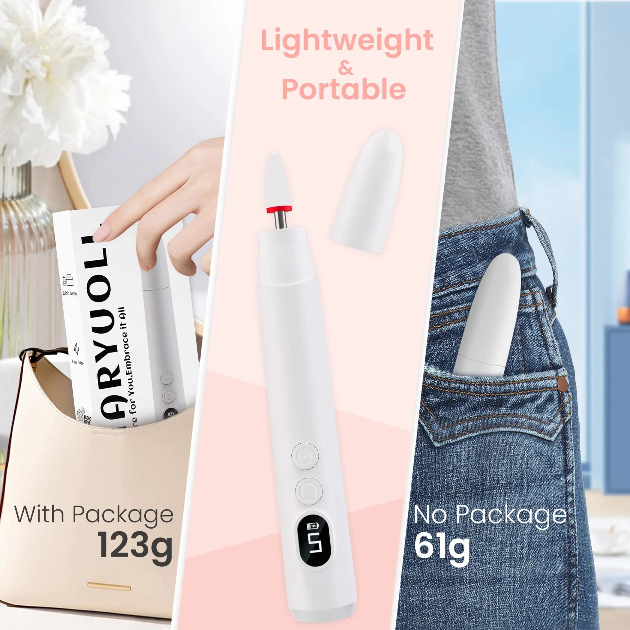 KIARYUOLL Cordless Electric Nail Drill Kit White | Professional Rechargeable Nail File with 5 Speeds & LED - view 5