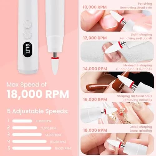 KIARYUOLL Cordless Rechargeable Nail Drill Kit White | 5 Speed LED, 18000 RPM, 4-Hour Battery thumbnail 3