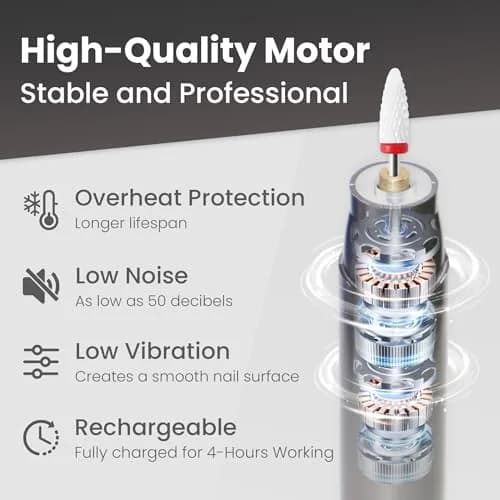 KIARYUOLL Cordless Rechargeable Nail Drill Kit 60.5g (1.85Wh) | 5-Speed LED Grey Nail File thumbnail 2