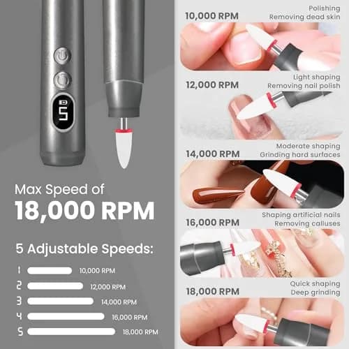 KIARYUOLL Cordless Rechargeable Nail Drill Kit 60.5g (1.85Wh) | 5-Speed LED Grey Nail File thumbnail 3