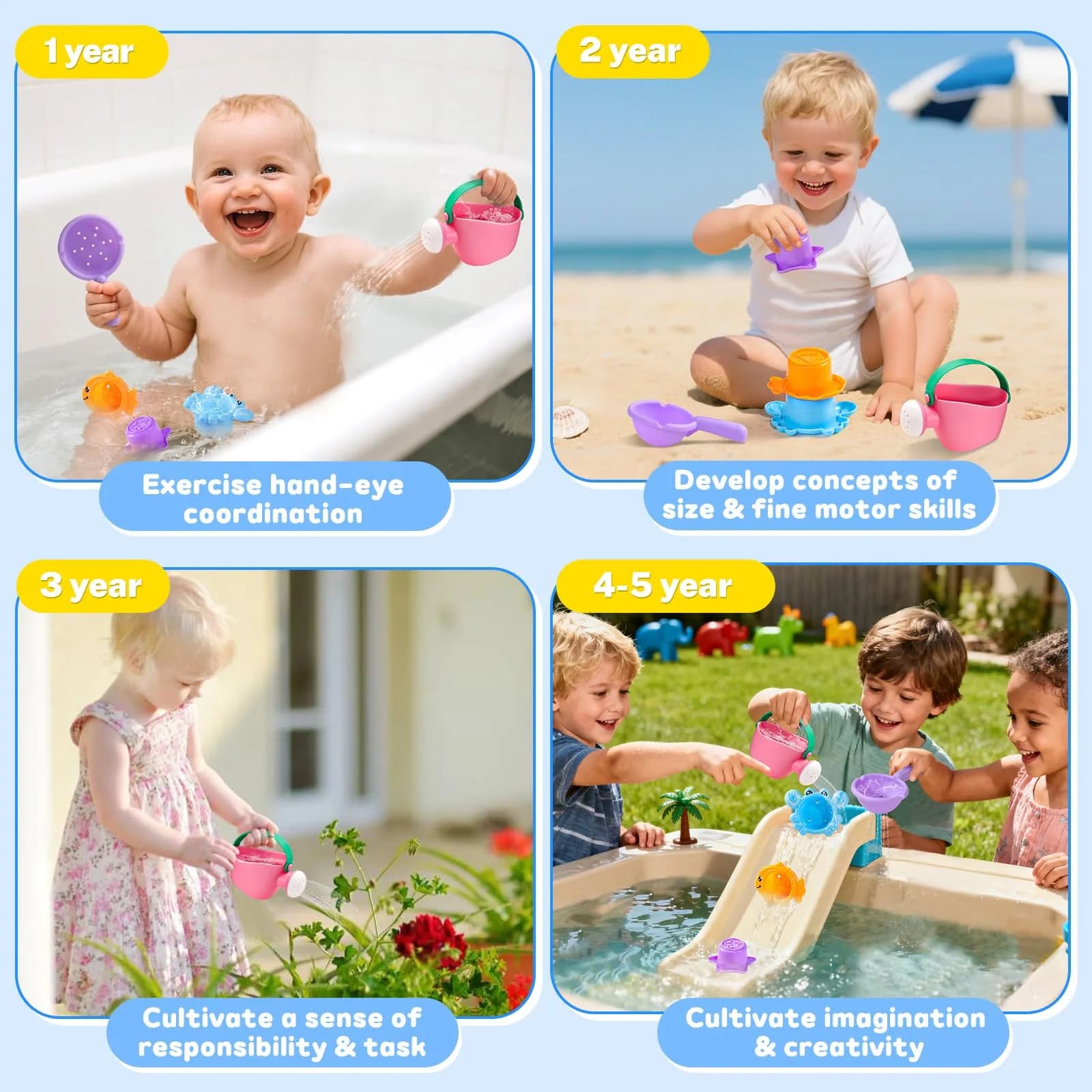 Fajiabao 5 Piece Baby Bath Toy Set for Toddlers Ages 1-3, Mold-Free Water Toys for Bathtub Fun - view 5