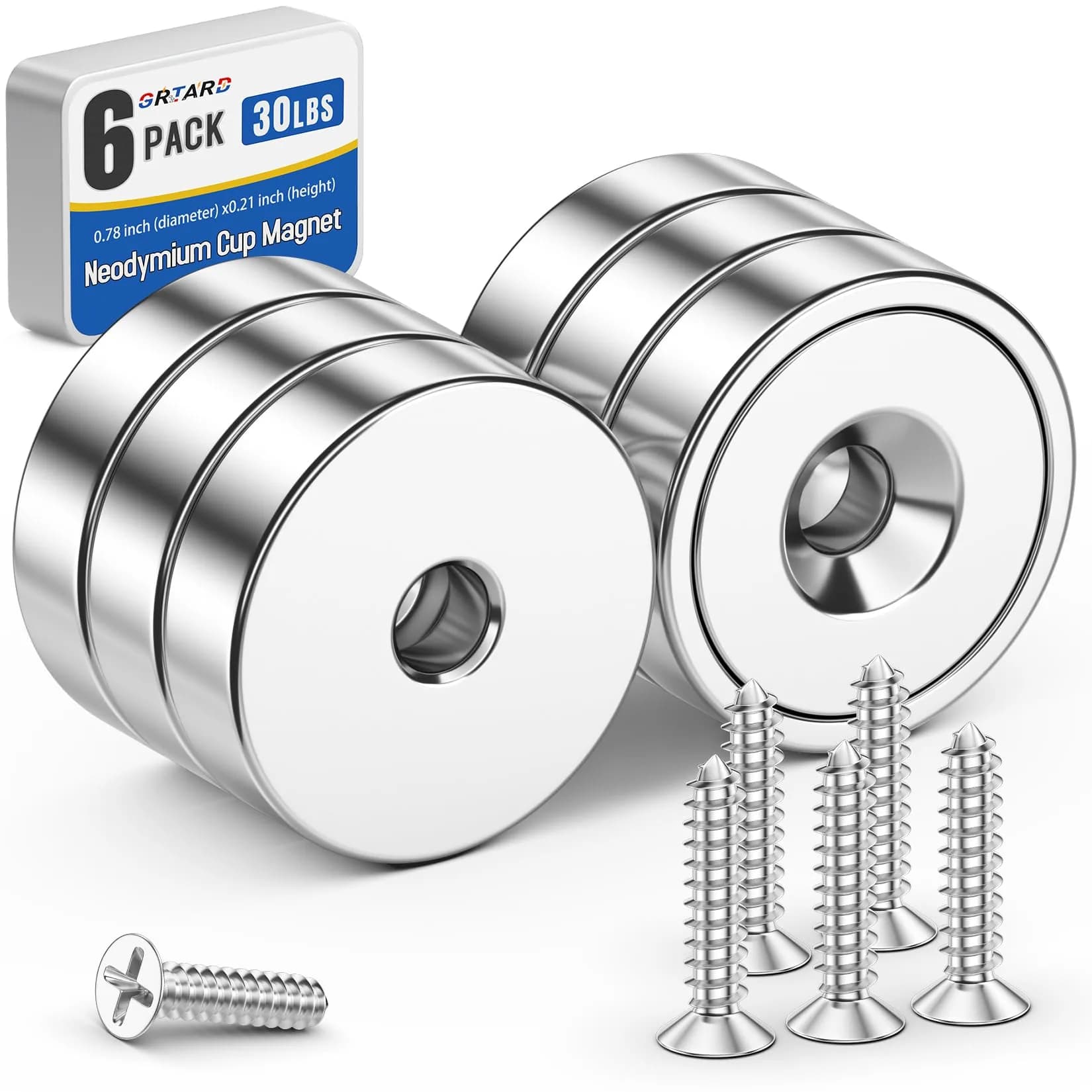 Grtard Neodymium Cup Magnets with Holes and Screws, 6 PCS 30 lb Pull Force | Heavy Duty Countersunk Magnet