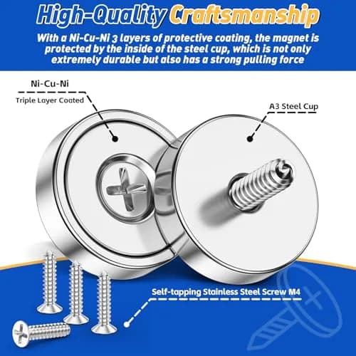 Grtard Neodymium Cup Magnets with Holes and Screws, 6 PCS 30 lb Pull Force | Heavy Duty Countersunk Magnet thumbnail 3