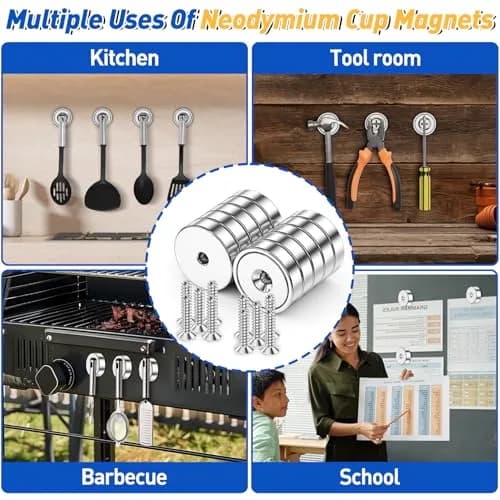 Grtard 60LB Neodymium Cup Magnets with Countersunk Hole, 8 Pack, 2.5cm (0.98'') Diameter | Heavy Duty Rare Earth Magnets for Tools & Workshop thumbnail 4