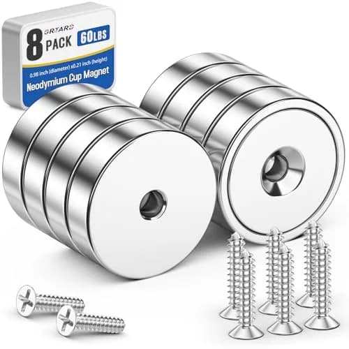 Grtard 60LB Neodymium Cup Magnets with Countersunk Hole, 8 Pack, 2.5cm (0.98'') Diameter | Heavy Duty Rare Earth Magnets for Tools & Workshop thumbnail 1