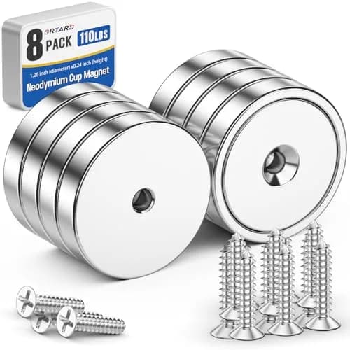 Grtard 110 lb (49.9 kg) Neodymium Cup Magnets, 8-Pack with Screws | Heavy Duty Countersunk Rare Earth Magnets thumbnail 1