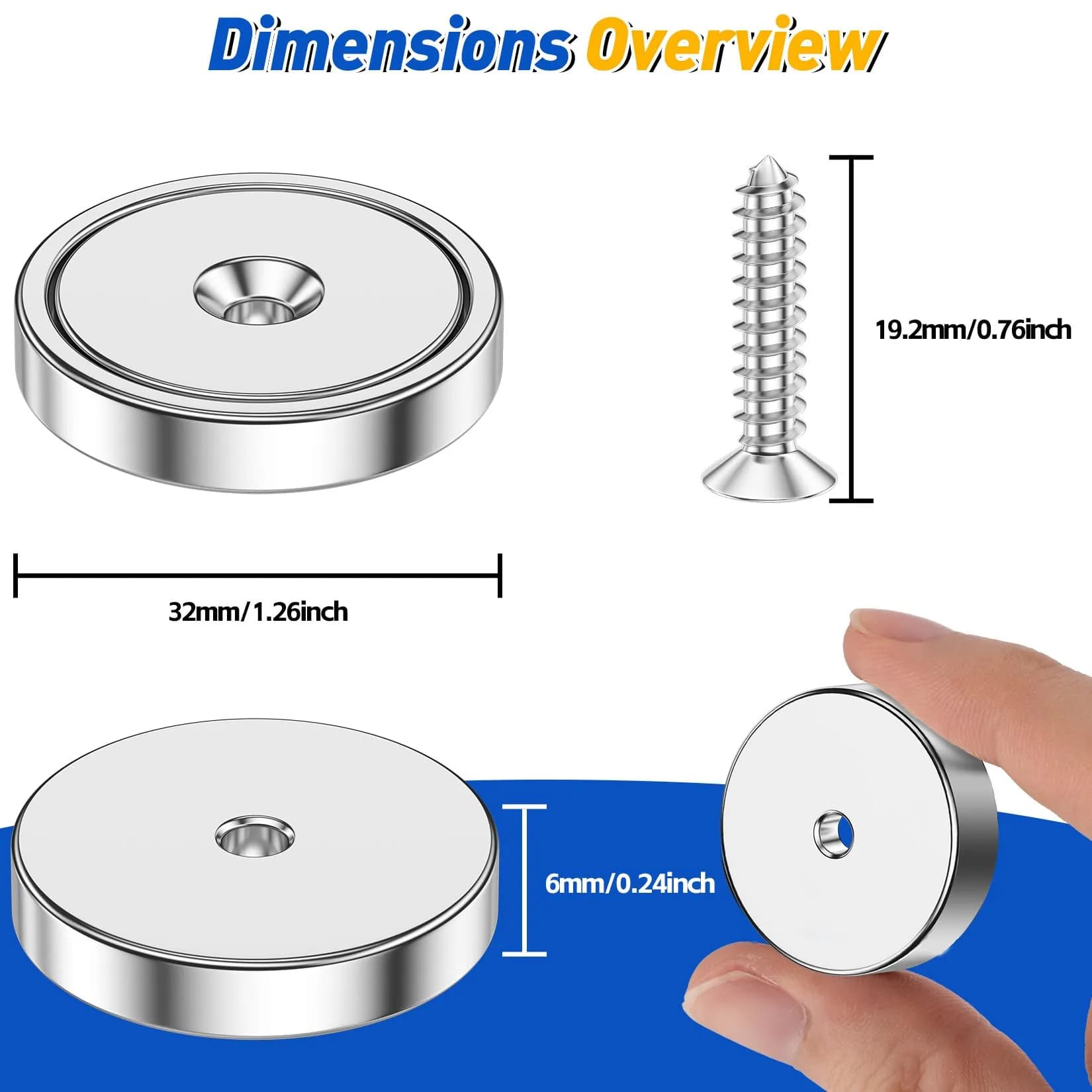 Grtard 110 lb (49.9 kg) Neodymium Cup Magnets, 8-Pack with Screws | Heavy Duty Countersunk Rare Earth Magnets - view 2