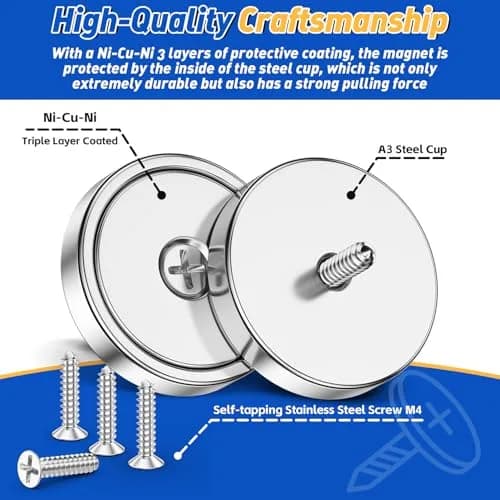 Grtard 110 lb (49.9 kg) Neodymium Cup Magnets, 8-Pack with Screws | Heavy Duty Countersunk Rare Earth Magnets thumbnail 3
