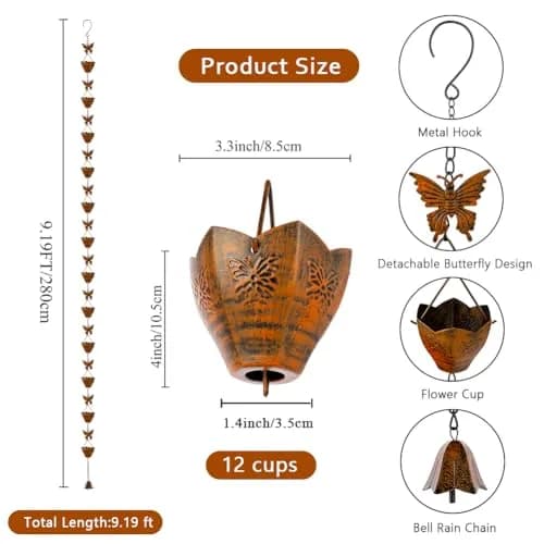 giole 9.2ft Butterfly Rain Chain with 12 Cups | Decorative Metal Downspout Alternative thumbnail 2