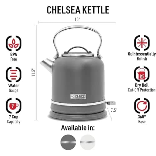 Haden Chelsea 1.7-Liter Stainless Steel Electric Kettle with Retro Design, 120V | 7-Cup Capacity, Auto Shut-Off & Boil-Dry Protection thumbnail 2
