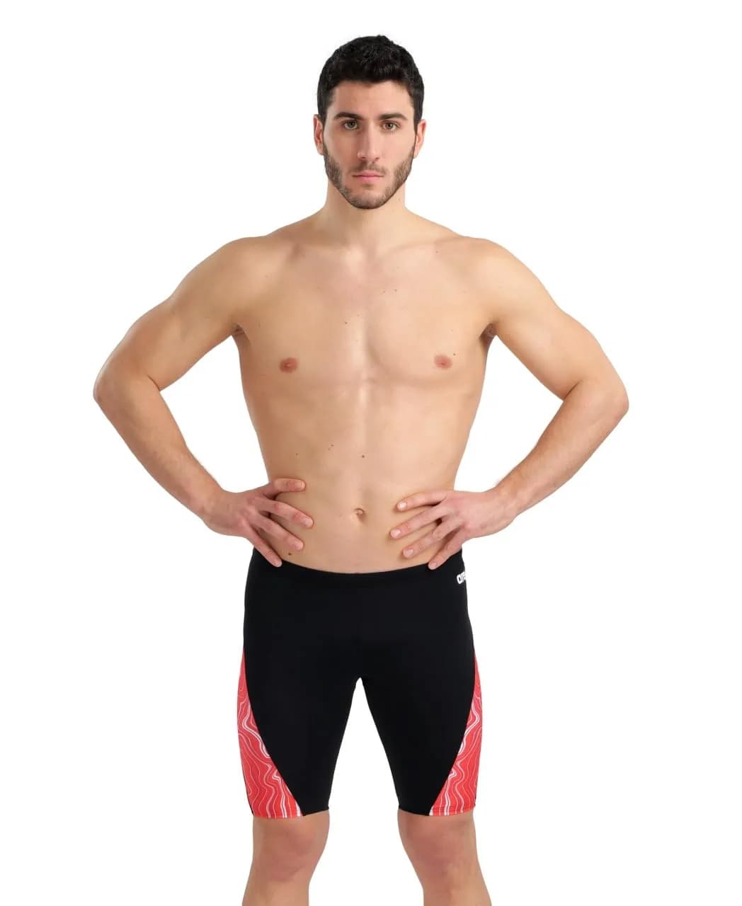 ARENA Performance Men's Marbled Swim Jammer MaxLife Athletic Practice Knee-Length Swimsuit Short, Black/Red Multi, US Size 20 — Black/Red Multi