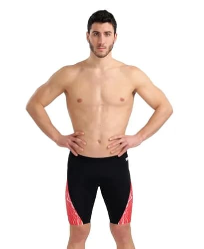 ARENA Performance Men's Marbled Swim Jammer MaxLife Athletic Practice Knee-Length Swimsuit Short, Black/Red Multi, US Size 20 thumbnail 1