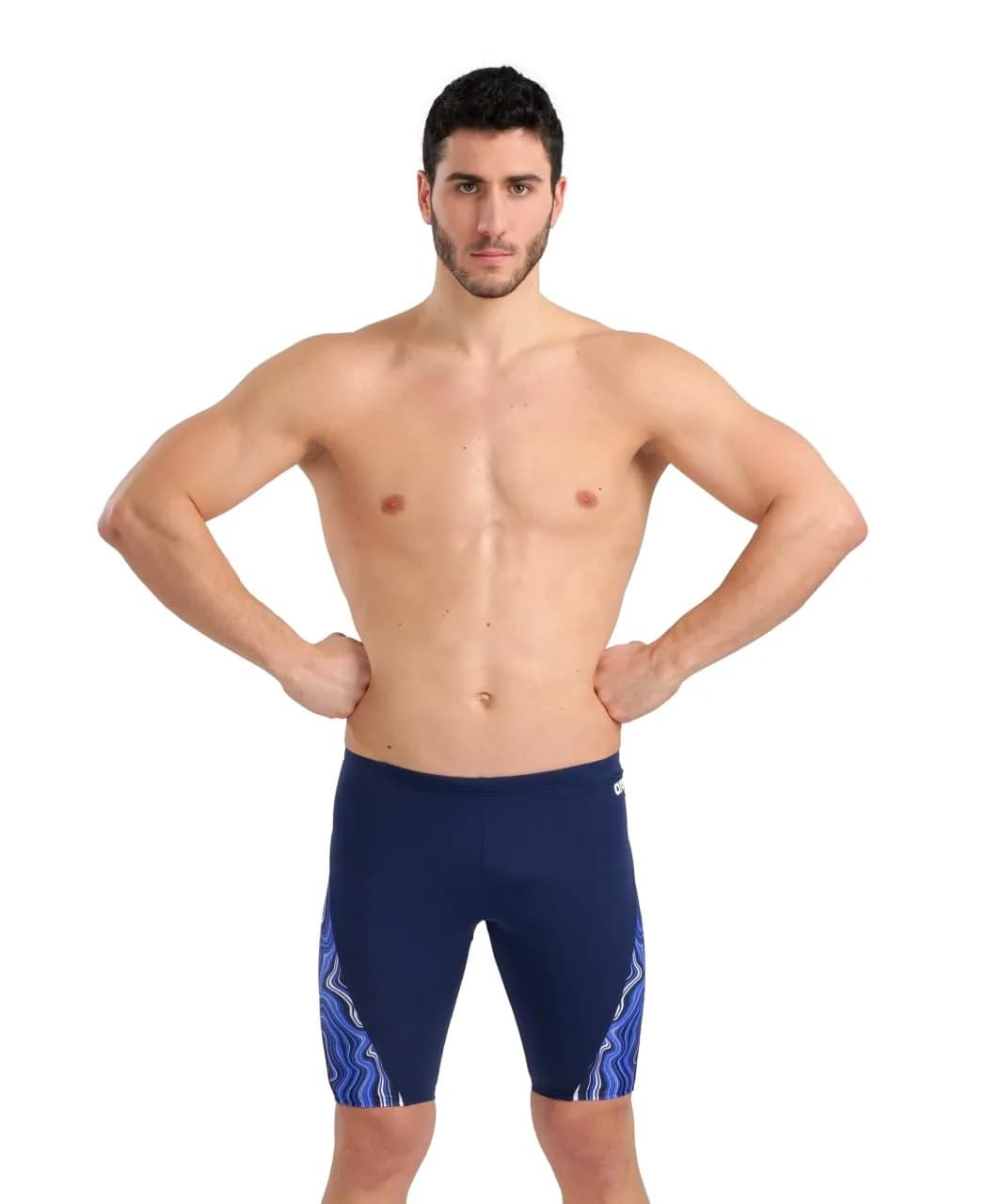 ARENA Performance Men's Marbled Swim Jammer MaxLife Eco 17.7in | Chlorine-Resistant Athletic Swimwear — Navy/Navy Multi