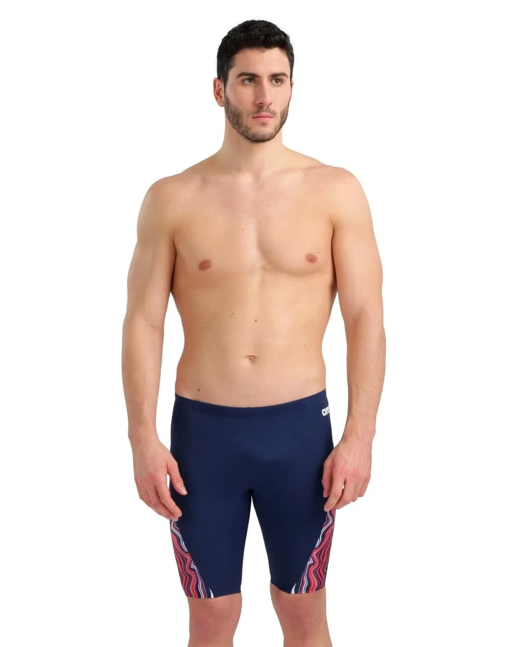 ARENA Performance Men's Marbled Swim Jammer MaxLife Athletic Practice Knee-Length Swimsuit, Navy/Red Multi, US Size 22 — Navy/Red Multi