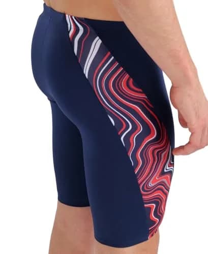 ARENA Performance Men's Marbled Swim Jammer MaxLife Athletic Practice Knee-Length Swimsuit, Navy/Red Multi, US Size 22 thumbnail 4