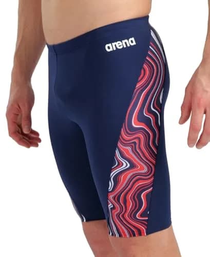 ARENA Performance Men's Marbled Swim Jammer MaxLife Athletic Practice Knee-Length Swimsuit, Navy/Red Multi, US Size 22 thumbnail 3