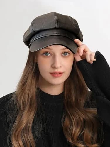 Nanwansu Women Fiddler Cap Newsboy Hat PU Leather Visor Beret Cap Paperboy Gatsby Hat | Trendy & Waterproof (56-58 cm) thumbnail 2