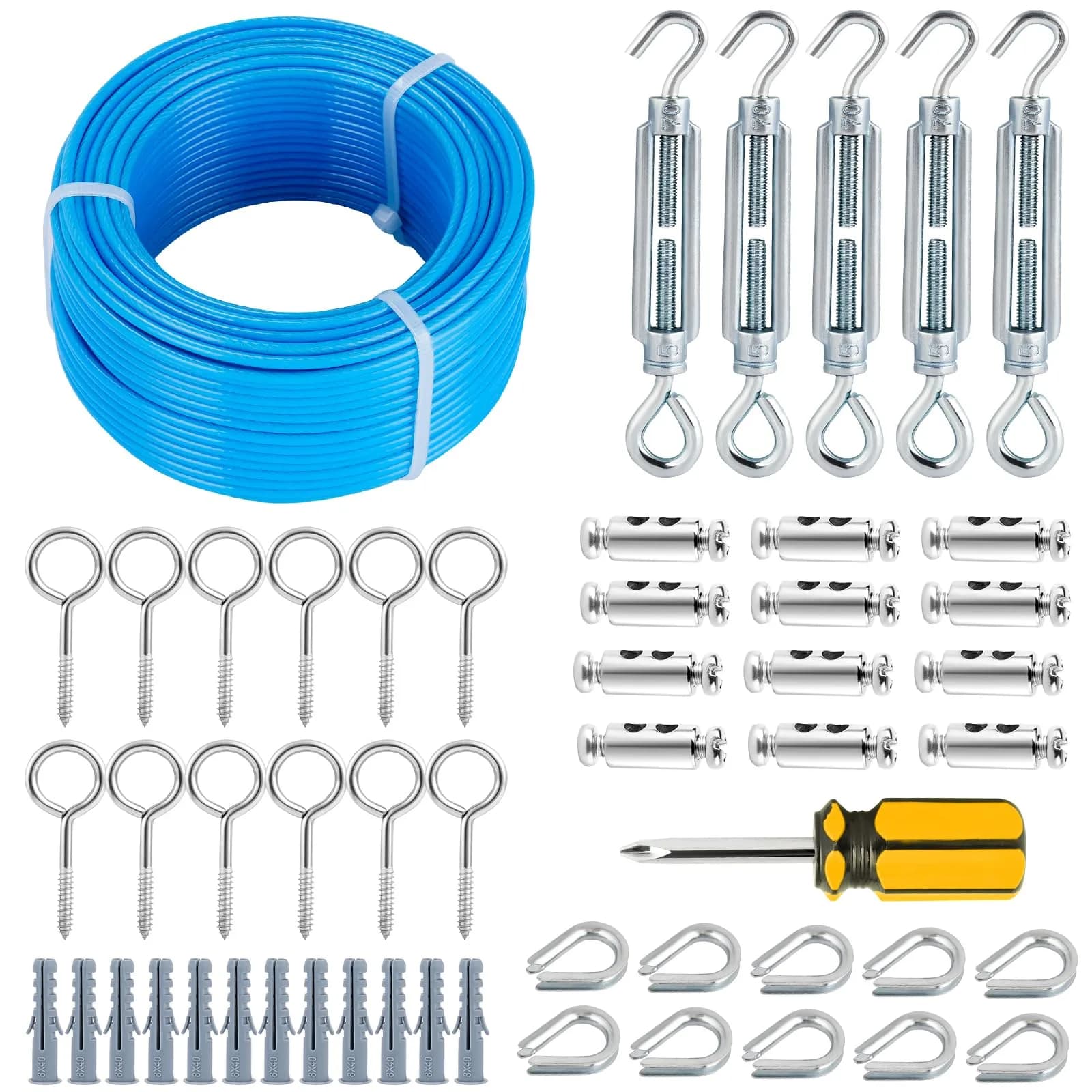 hannger 1/8" Clothesline Wire Kit, 100 ft PVC Coated Galvanized Steel Cable | Heavy Duty Outdoor Support