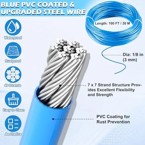 hannger 1/8" Clothesline Wire Kit, 100 ft PVC Coated Galvanized Steel Cable | Heavy Duty Outdoor Support thumbnail 3