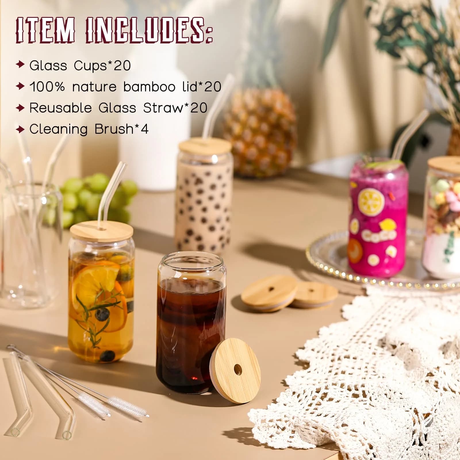 NETANY 20 Pack Glass Cups with Lids and Straws 473ml (16 oz) | Customizable Aesthetic Tumblers for Gifts - view 2