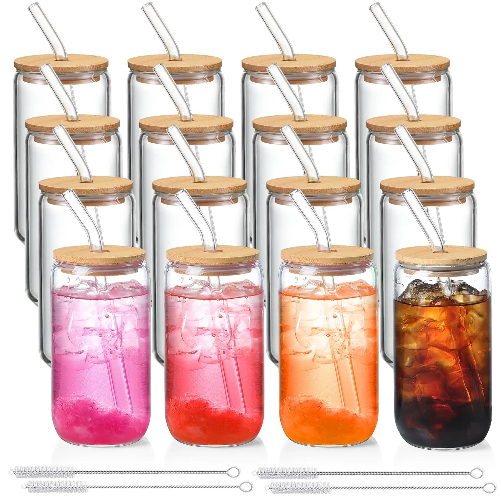 NETANY 16oz Glass Tumblers with Bamboo Lids & Straws (473ml) | Set of 8 Clear Borosilicate Glass Cups for Iced Coffee, Cocktails, Beer — 16-Pack