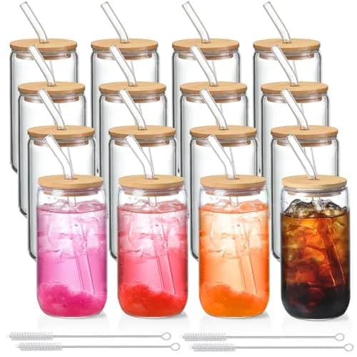 NETANY 16 Pack Glass Cups with Lids and Straws 473ml (16 fl oz) | Customizable Aesthetic Tumblers for Gifts & Iced Coffee thumbnail 1