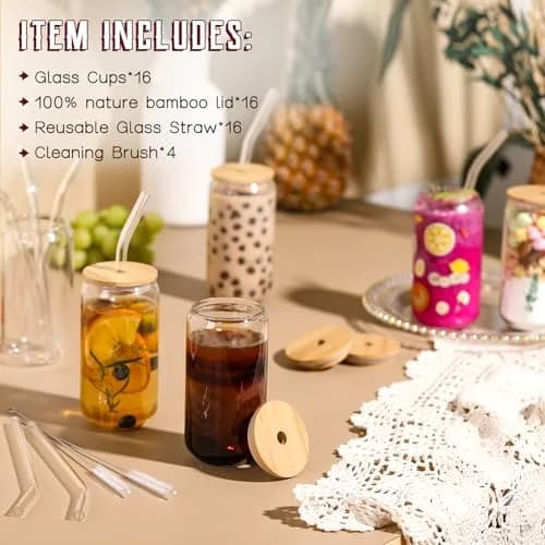 NETANY 16 Pack Glass Cups with Lids and Straws 473ml (16 fl oz) | Customizable Aesthetic Tumblers for Gifts & Iced Coffee thumbnail 2