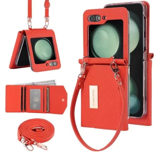 XIMAND Samsung Galaxy Z Flip 6 Wallet Case with Leather Cash Slot & Hinge Protection | Orange thumbnail 1