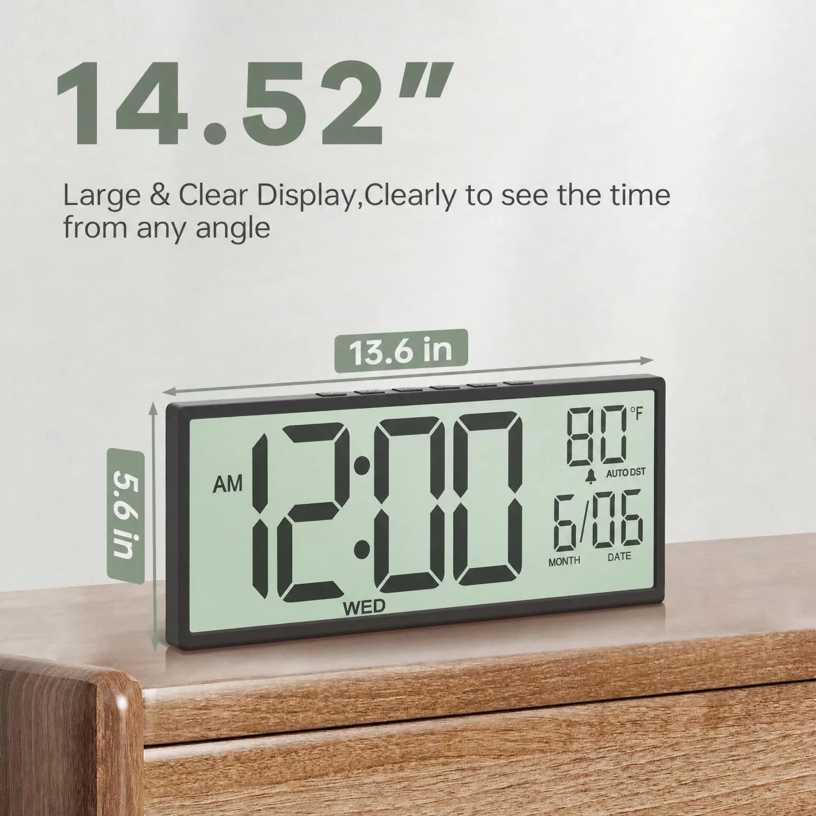 JALL Black 14.5 Inch Digital Wall Clock with Jumbo Display, Date, Day & Temperature - view 2