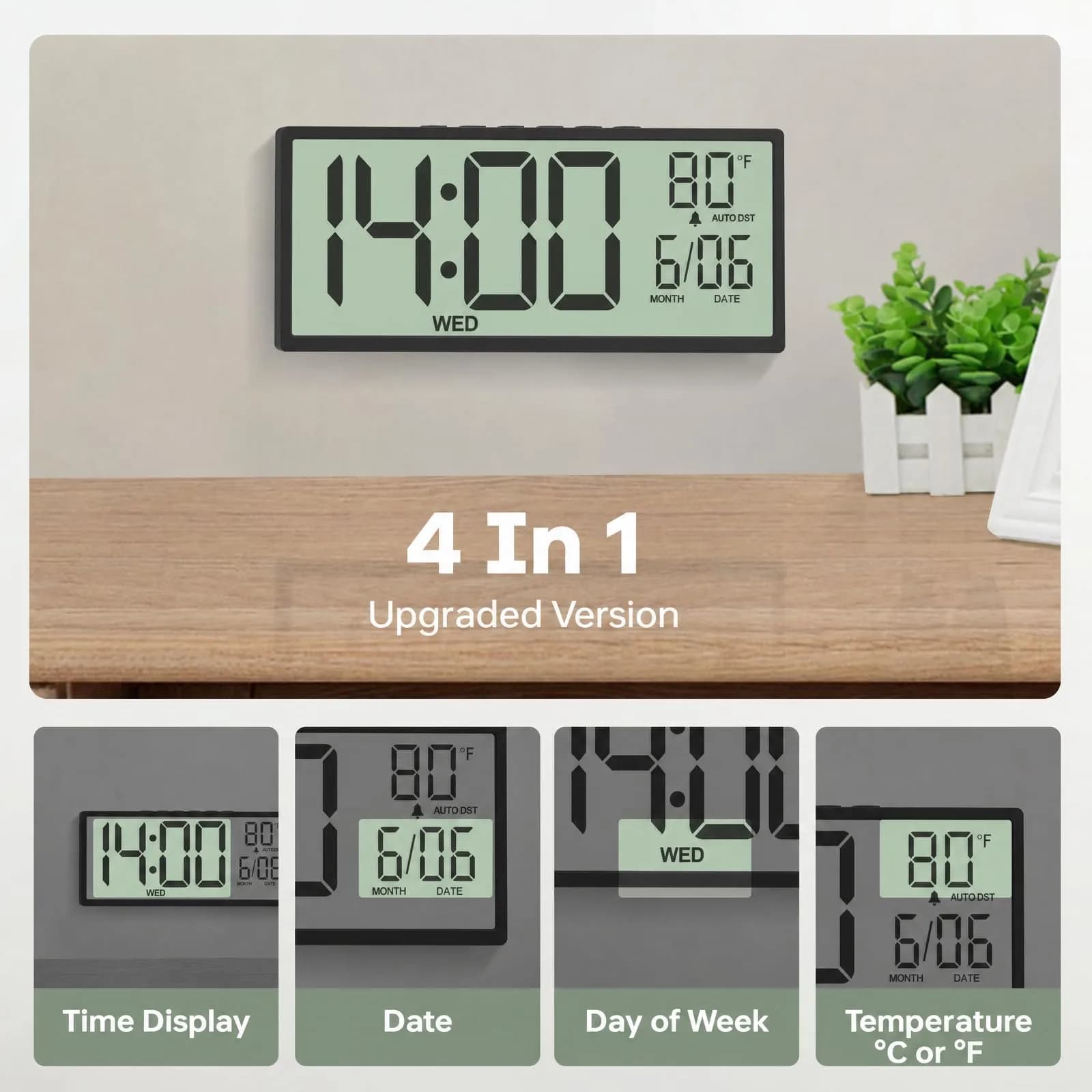 JALL Black 14.5 Inch Digital Wall Clock with Jumbo Display, Date, Day & Temperature - view 4