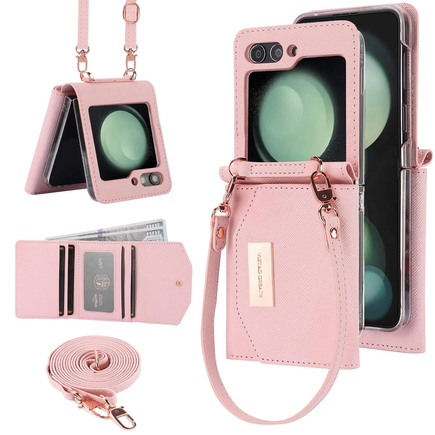 XIMAND Samsung Galaxy Z Flip 6 Wallet Case with Leather Cash Slot & Hinge Protection | Orange — Pink