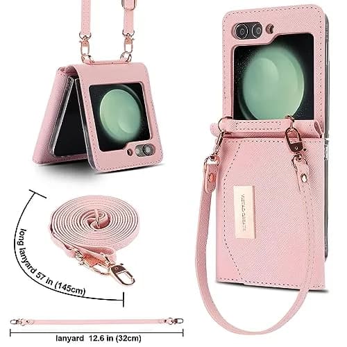 XIMAND Samsung Galaxy Z Flip 6 Wallet Case with Leather Cash Slot & Credit Card Holder | Wristlet & Hinge Protection (Pink) thumbnail 5