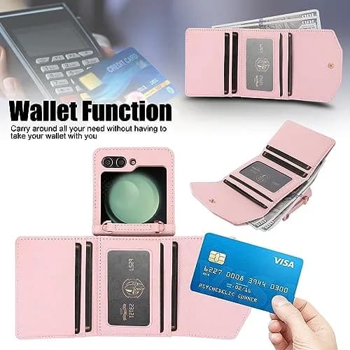 XIMAND Samsung Galaxy Z Flip 6 Wallet Case with Leather Cash Slot & Credit Card Holder | Wristlet & Hinge Protection (Pink) thumbnail 2