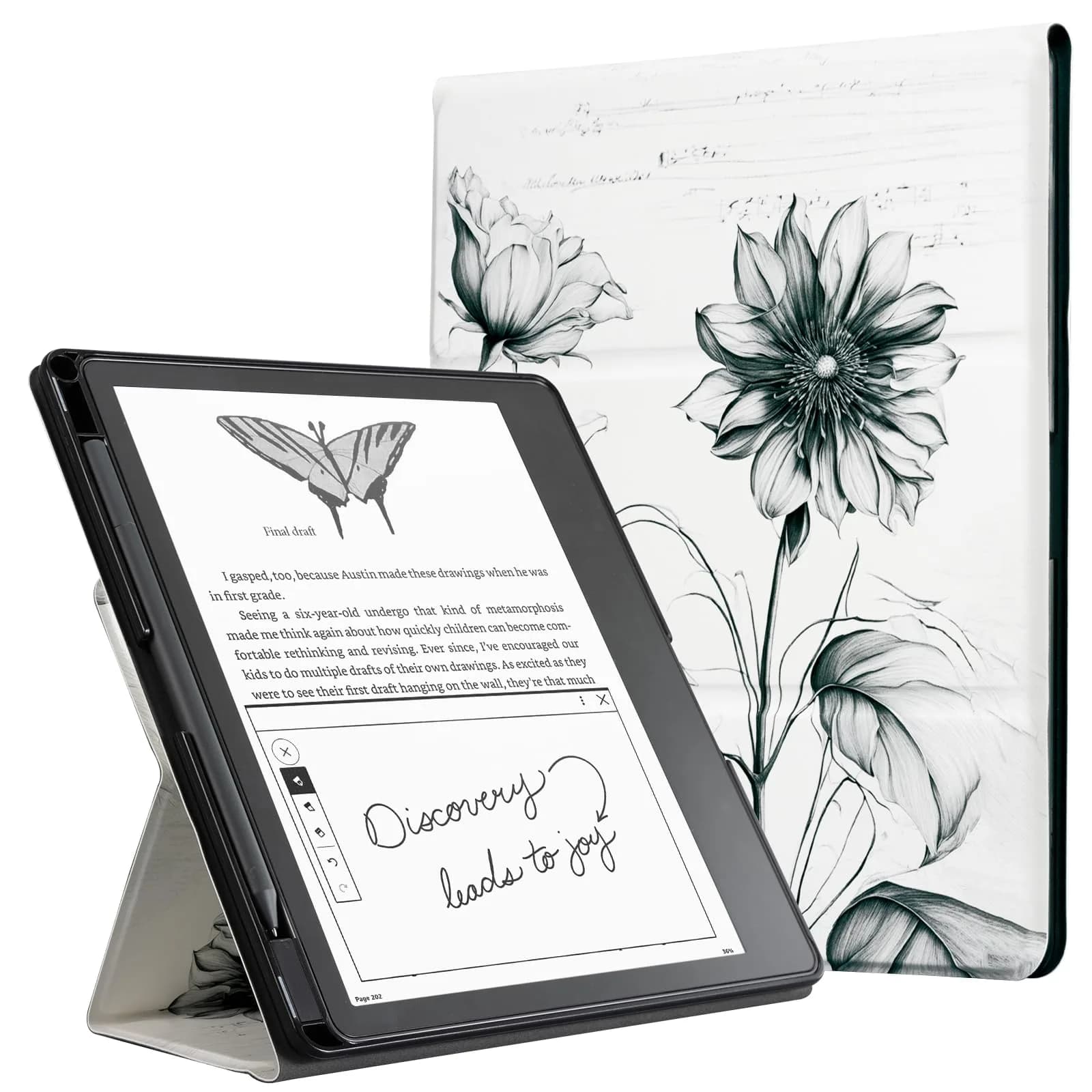 CoBak Stand Case for Kindle Scribe 10.2 Inch (25.9 cm) | Premium Folio Leather Cover with Pen Holder, Auto Sleep/Wake — Sketch Sunflower