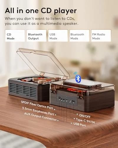 CARONSORT CD Player with Speakers Retro Bluetooth CD Player for Home-Brown | Vintage Wooden Design & Bluetooth Support thumbnail 4
