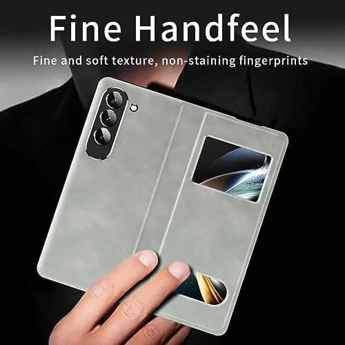XIMAND White Nappa Leather Flip Case for Samsung Galaxy Z Fold 6 | Hidden Kickstand & Information Window thumbnail 5