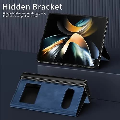 XIMAND Blue Napa Leather Flip Case for Samsung Galaxy Z Fold 6 | Open Window, Hidden Kickstand, Hinge Protection thumbnail 6