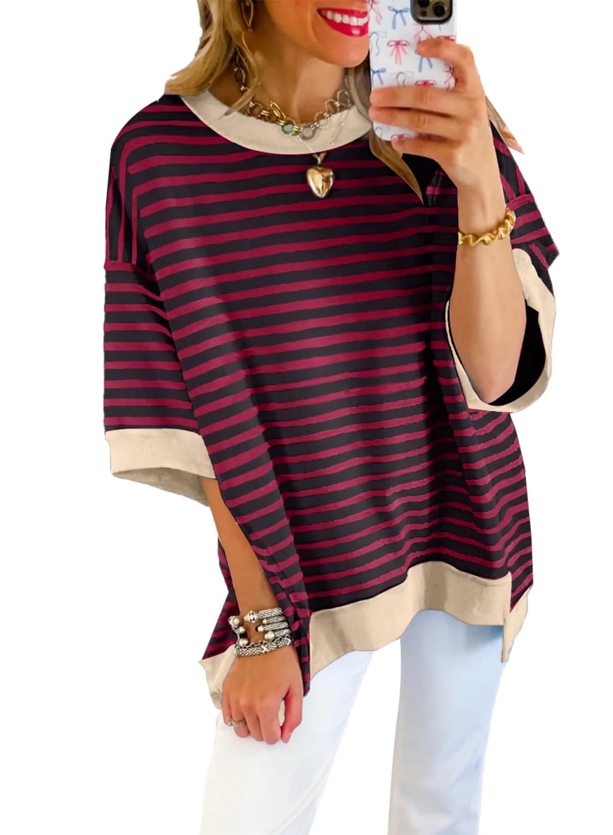 SHEWIN Women Oversized Top Striped Sweatshirt Pullover Shirt Red, 2XL | Casual Loose Fit Crewneck — Red Dahlia Stripe