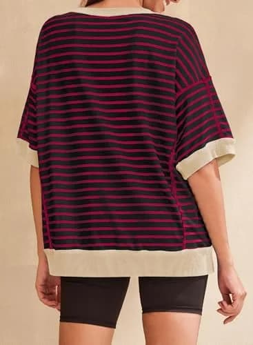 SHEWIN Women Oversized Top Striped Sweatshirt Pullover Shirt Red, 2XL | Casual Loose Fit Crewneck thumbnail 4