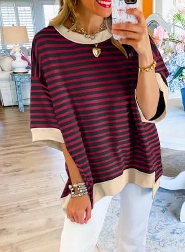 SHEWIN Women Oversized Top Striped Sweatshirt Pullover Shirt Red, 2XL | Casual Loose Fit Crewneck thumbnail 2