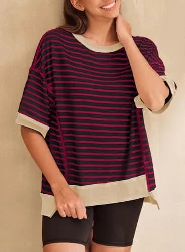 SHEWIN Women Oversized Top Striped Sweatshirt Pullover Shirt Red, 2XL | Casual Loose Fit Crewneck thumbnail 3