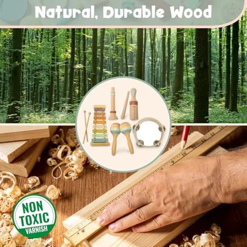Stoie's Wooden Toddler Musical Instruments with Xylophone, Maracas, Triangle, Tamburine for Babies and Kids | Eco Friendly Montessori Toy thumbnail 4