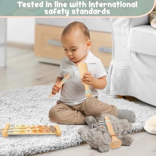 Stoie's Wooden Toddler Musical Instruments with Xylophone, Maracas, Triangle, Tamburine for Babies and Kids | Eco Friendly Montessori Toy thumbnail 7